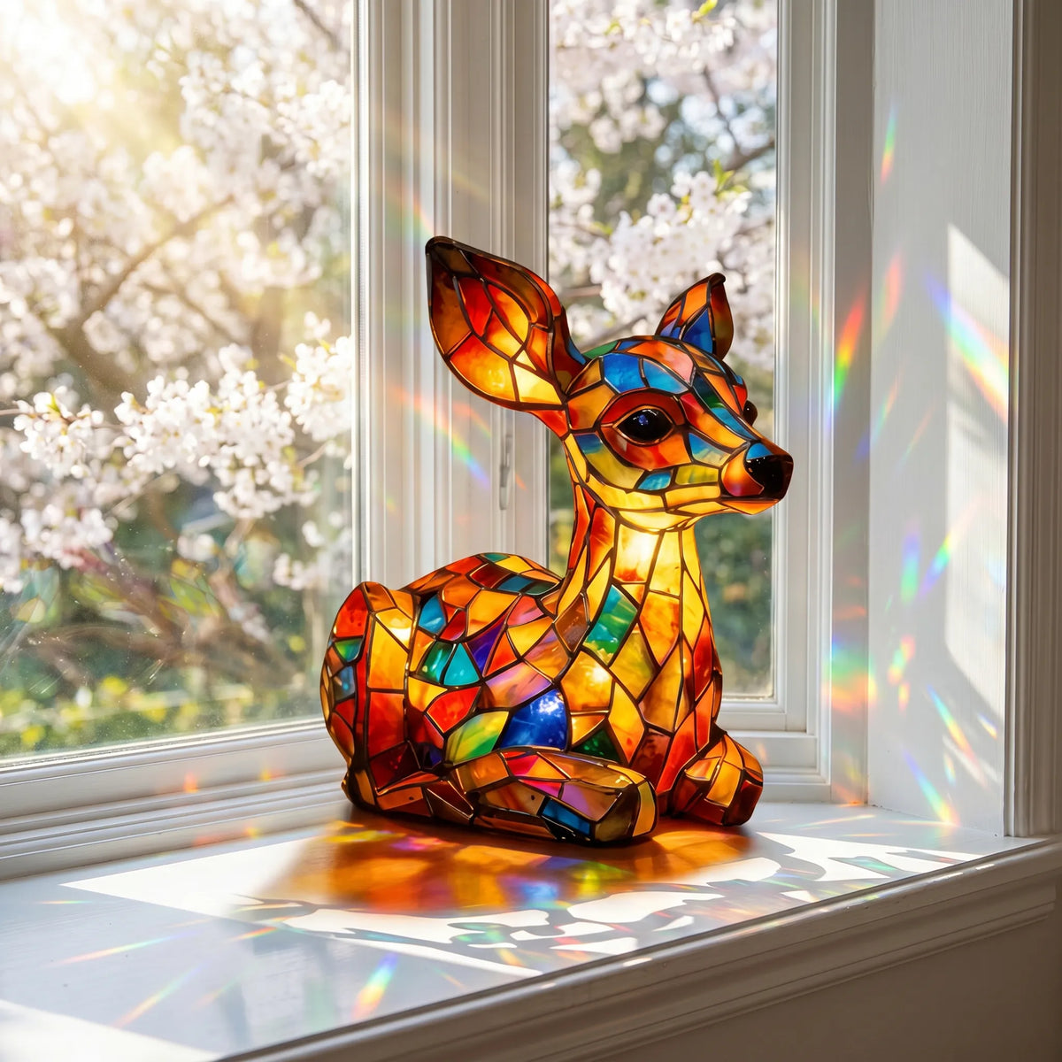 Handmade Stained-Glass Deer Display on a sunlit windowsill
