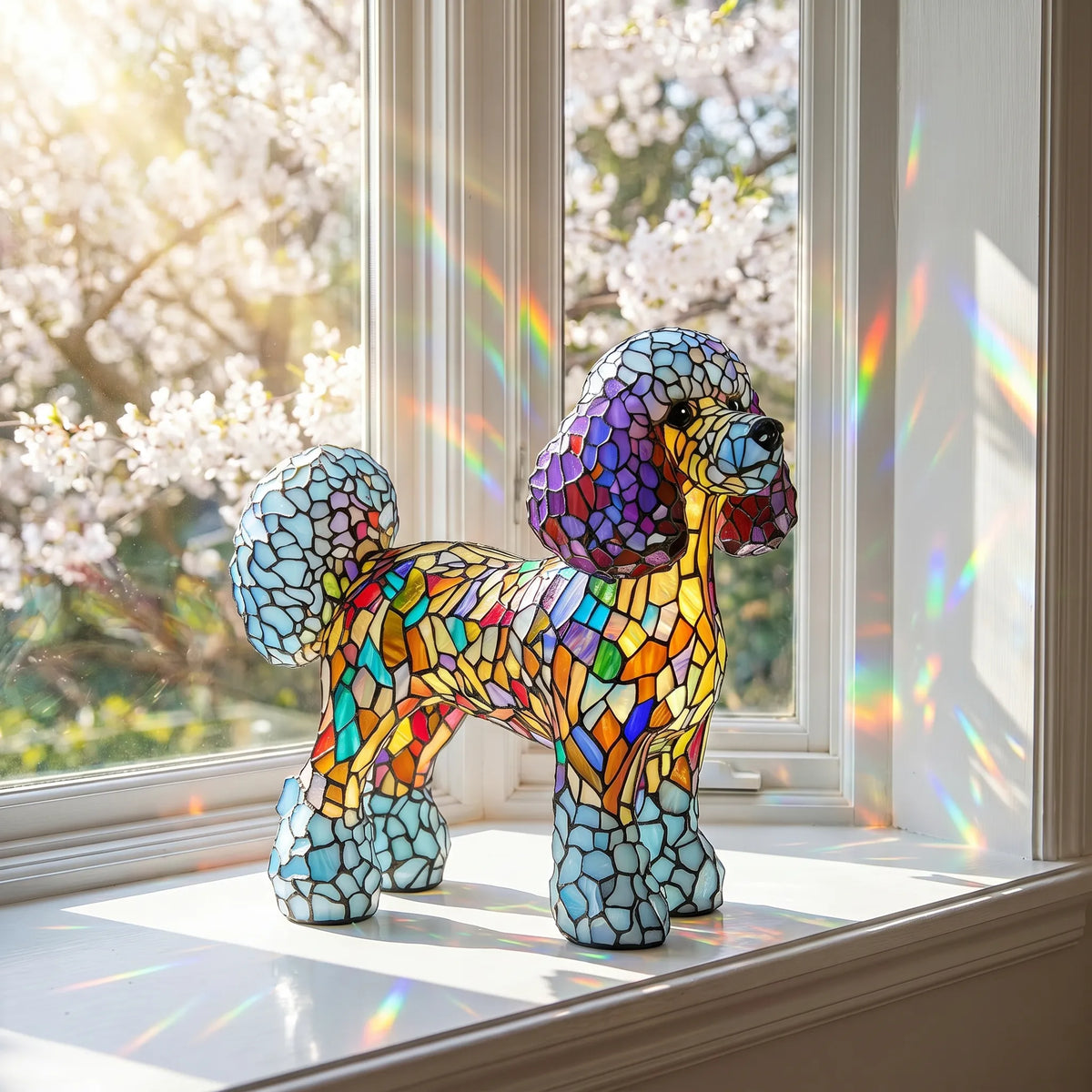 Handmade Stained-Glass Poodle Display on a sunlit windowsill