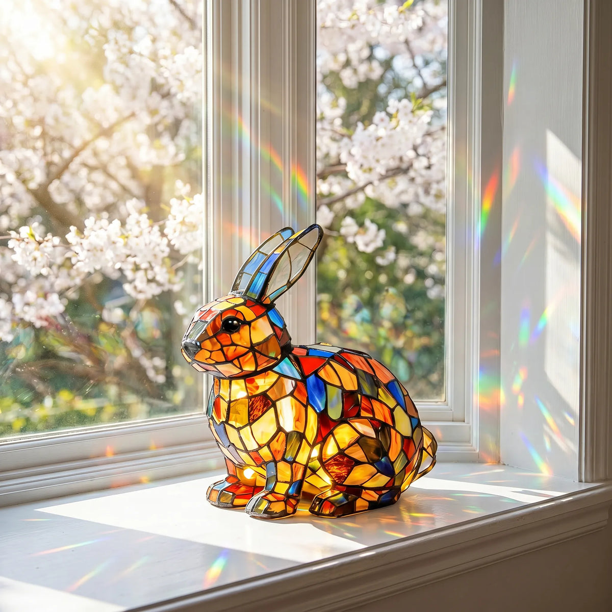 Handmade Stained-Glass Rabit Display on a sunlit windowsill
